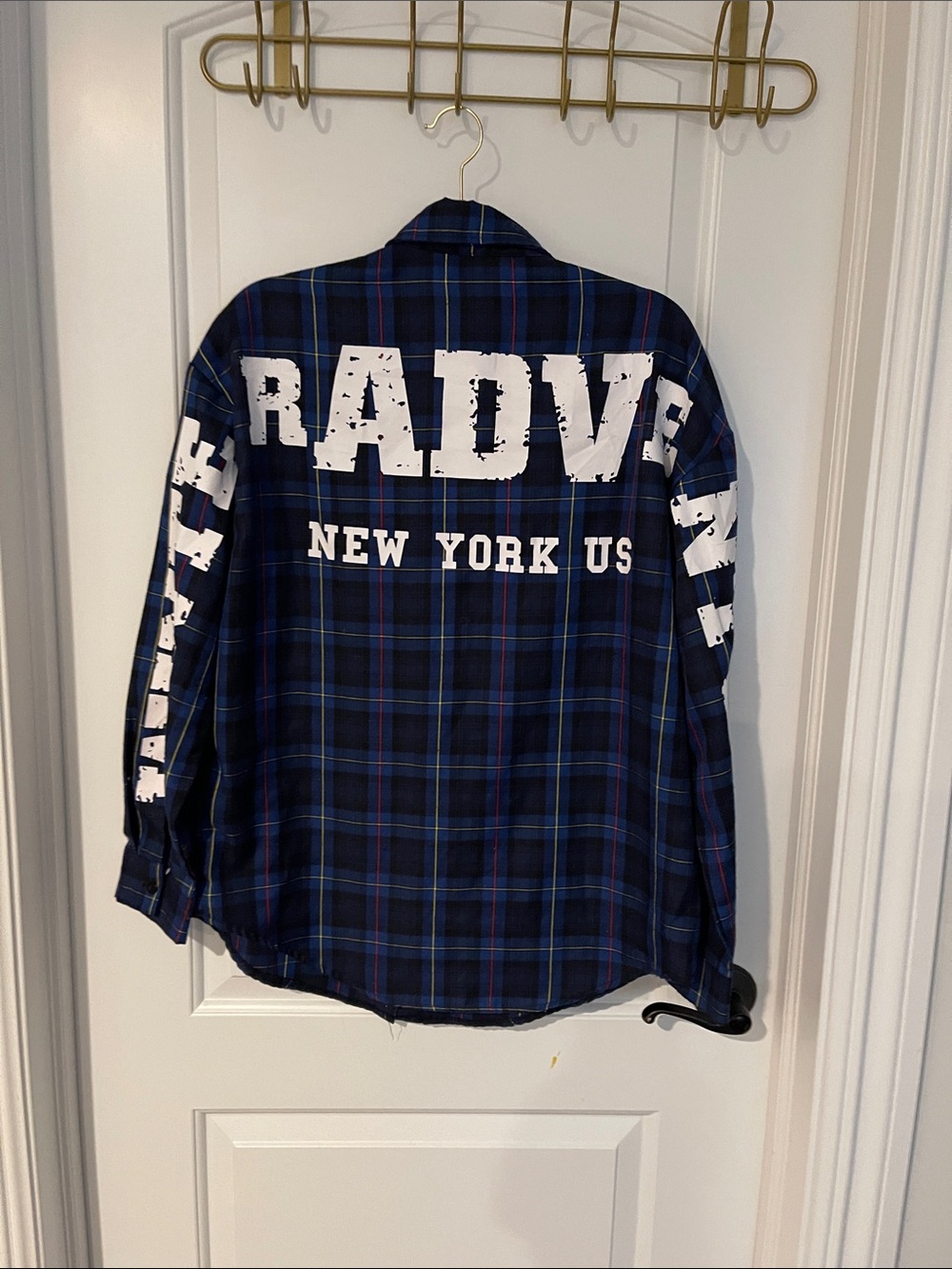 SHEIN Blue Plaid Button-Down Shirt with White Graphic Text